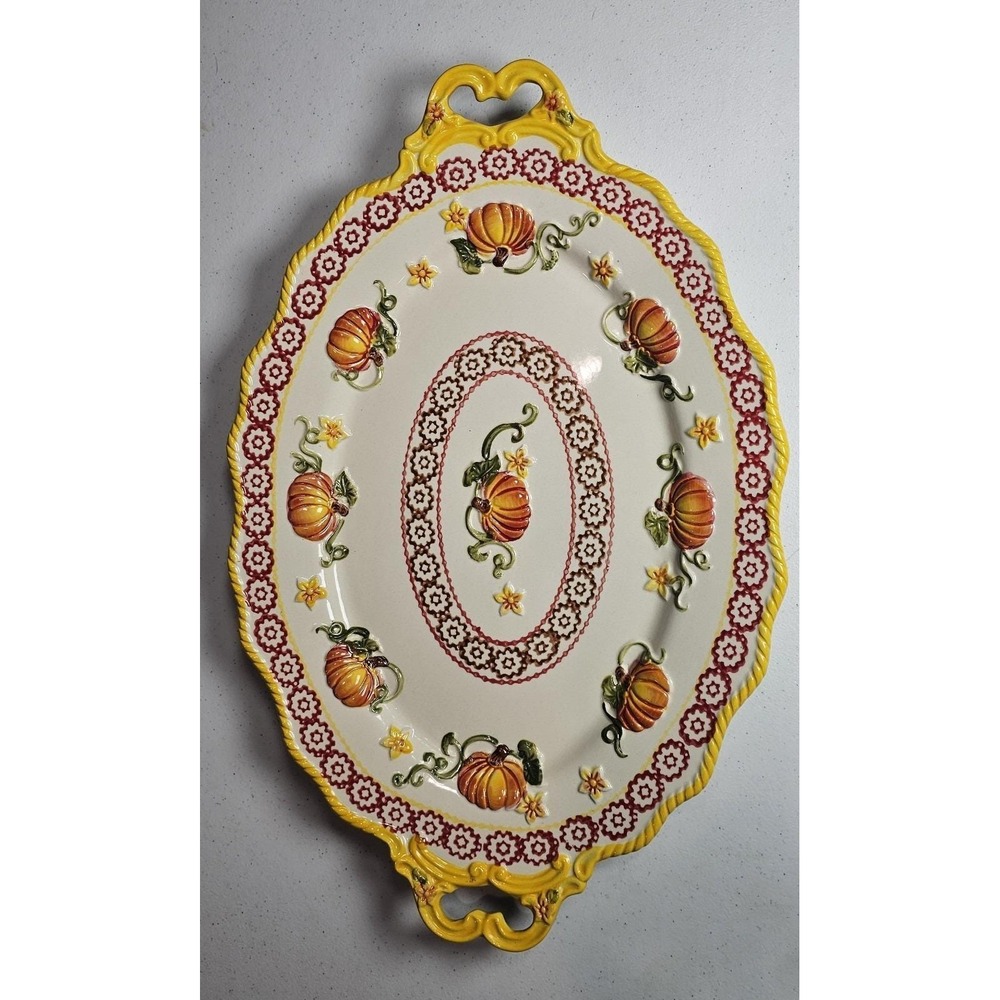 Temp-tations Old World Pumpkin Patch 18.5" Oval Handled Platter Serving Tray‎